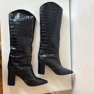 SCHUTZ Maryana Black Croc-Embossed Heeled Boots